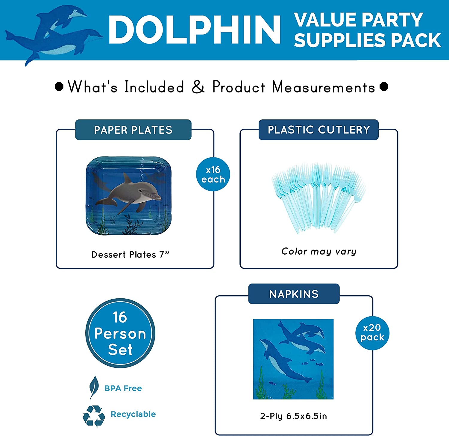 Dolphin Party Supplies Packs, 16pcs 7-inch paper dessert plates with Dolphin Print, 20pcs  paper lunch napkins with Dolphin Print, and 24pcs plastic forks