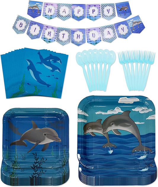 Dolphin Party Pack -  9-inch paper dinner plates, 7-inch paper dessert plates, paper lunch napkins, Banner, light blue plastic forks, and light blue plastic spoons.