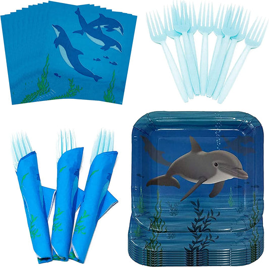 Dolphin Party Supplies Packs, 7-inch paper dessert plates, paper lunch napkins, and plastic forks