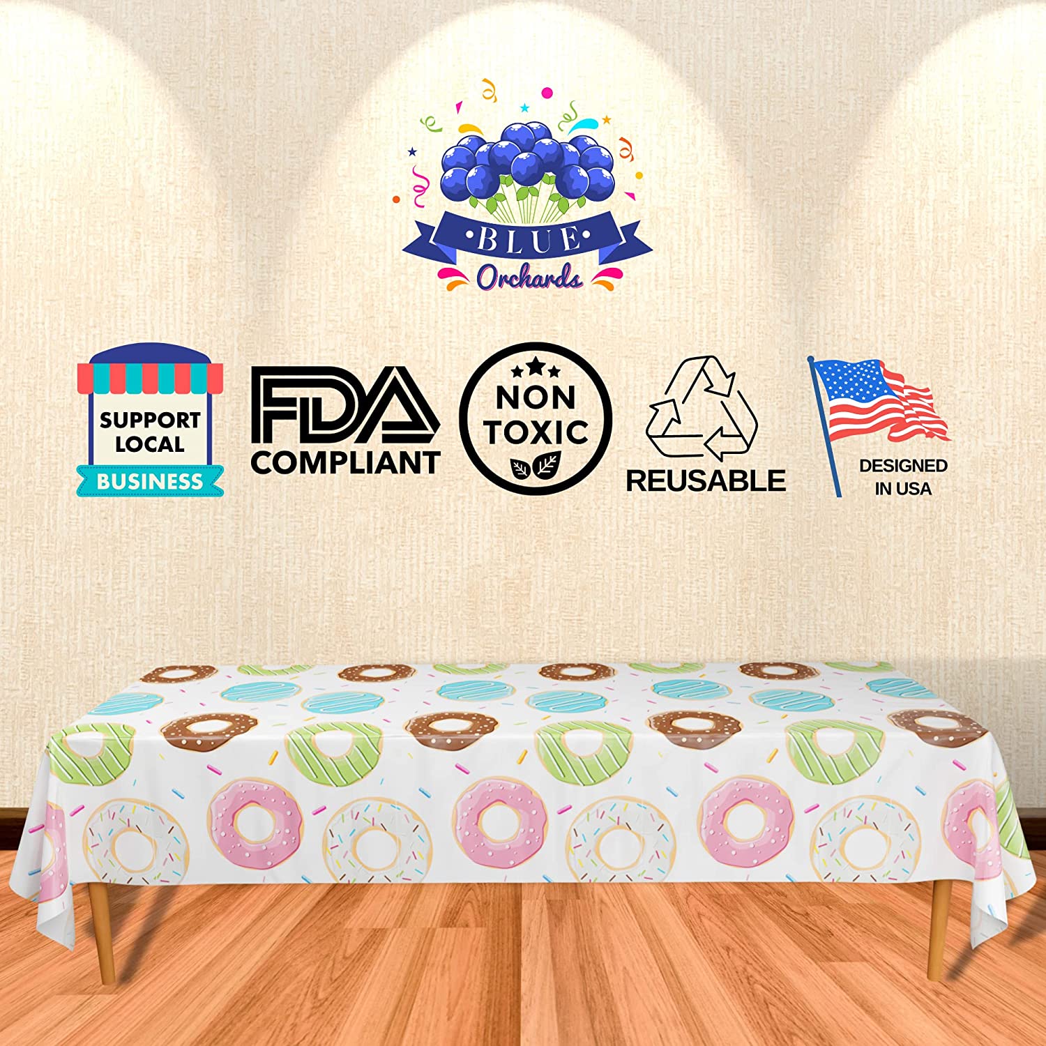 Waterproof and Durable Plastic Donut Table Cover, FDA compliant, non toxic, reusable, designed in USA