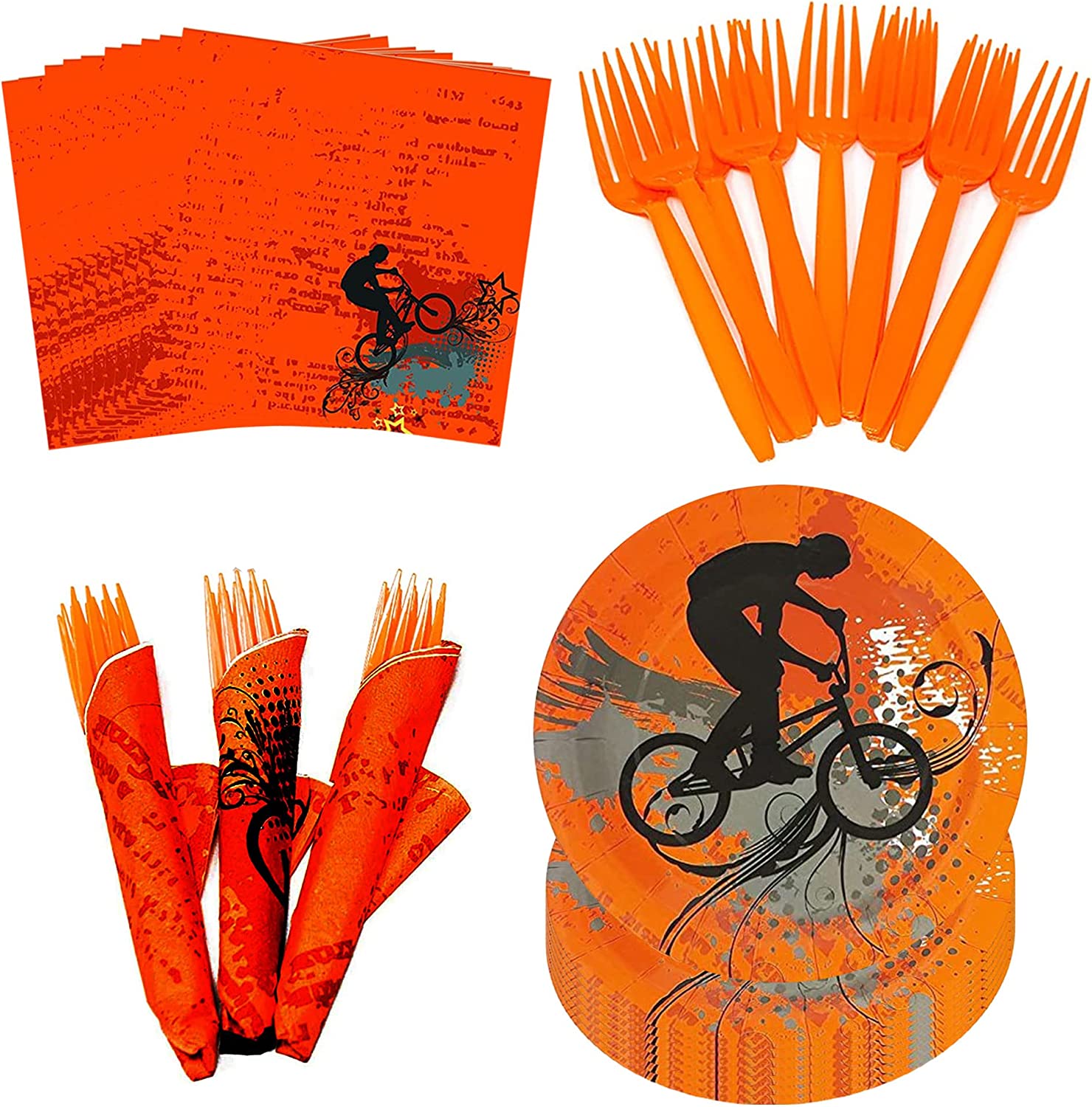 Image of the eXtreme Party Pack, a complete set of party supplies for any celebration. The pack includes paper dessert plates, lunch napkins, and orange plastic forks.