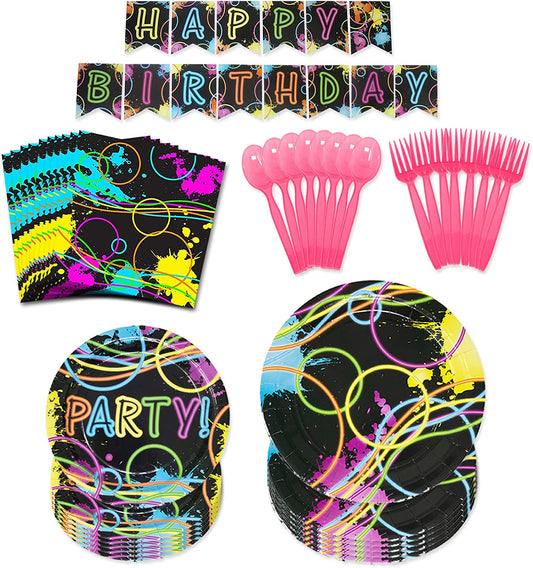 Image of a Glow Party Pack (Serves 16) includes 16 9-inch paper dinner plates, 16 7-inch paper dessert plates, 20 paper lunch napkins, 1 happy birthday banner, 24 hot pink plastic forks, and 24 hot pink plastic spoons.