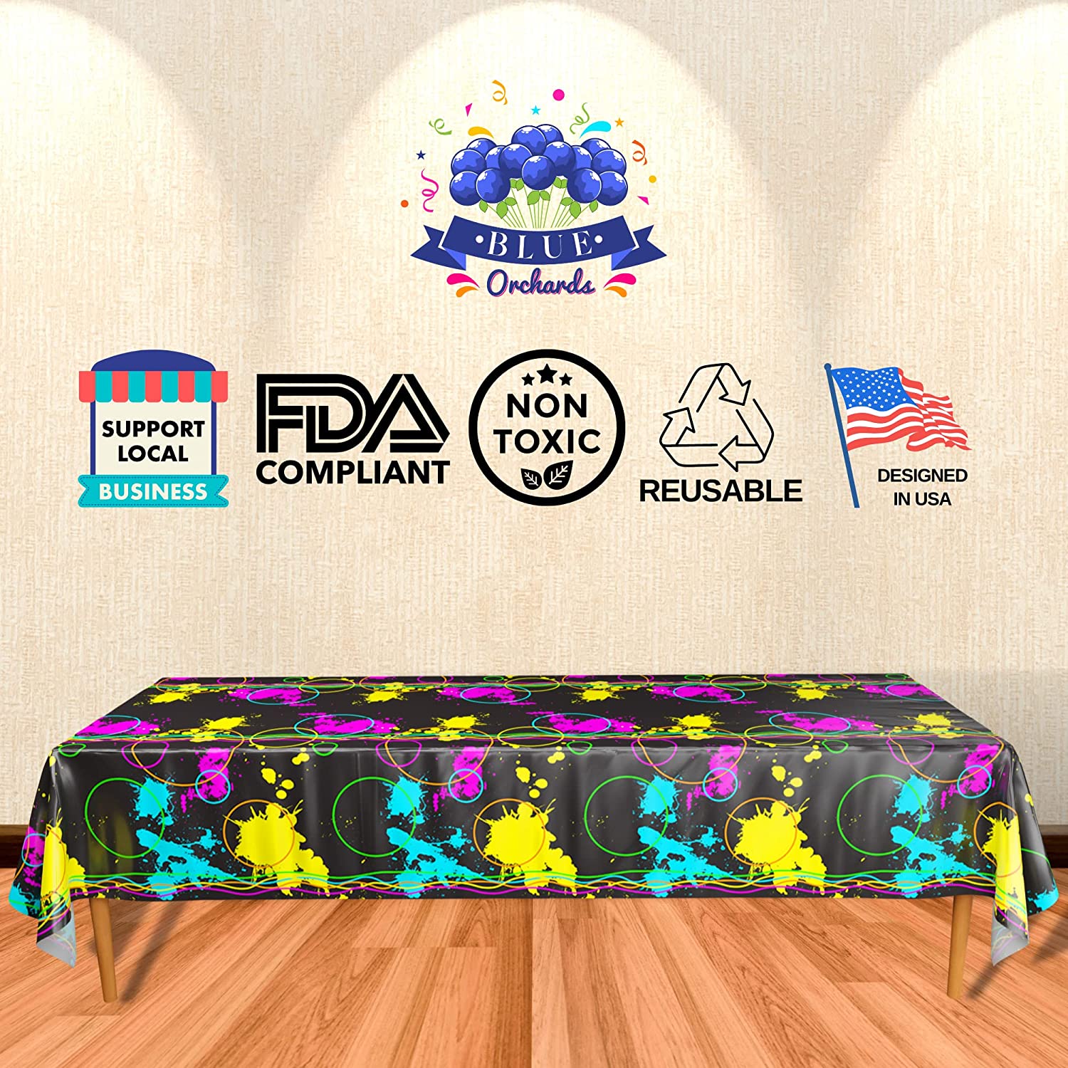 A vibrant Glow Party Table covers Neon Party Supplies that are FDA Compliant, Non Toxic, Reusable, and Designed in USA, a perfect complement to your summer party, black light event, glow birthday and/or other glow themed celebration!