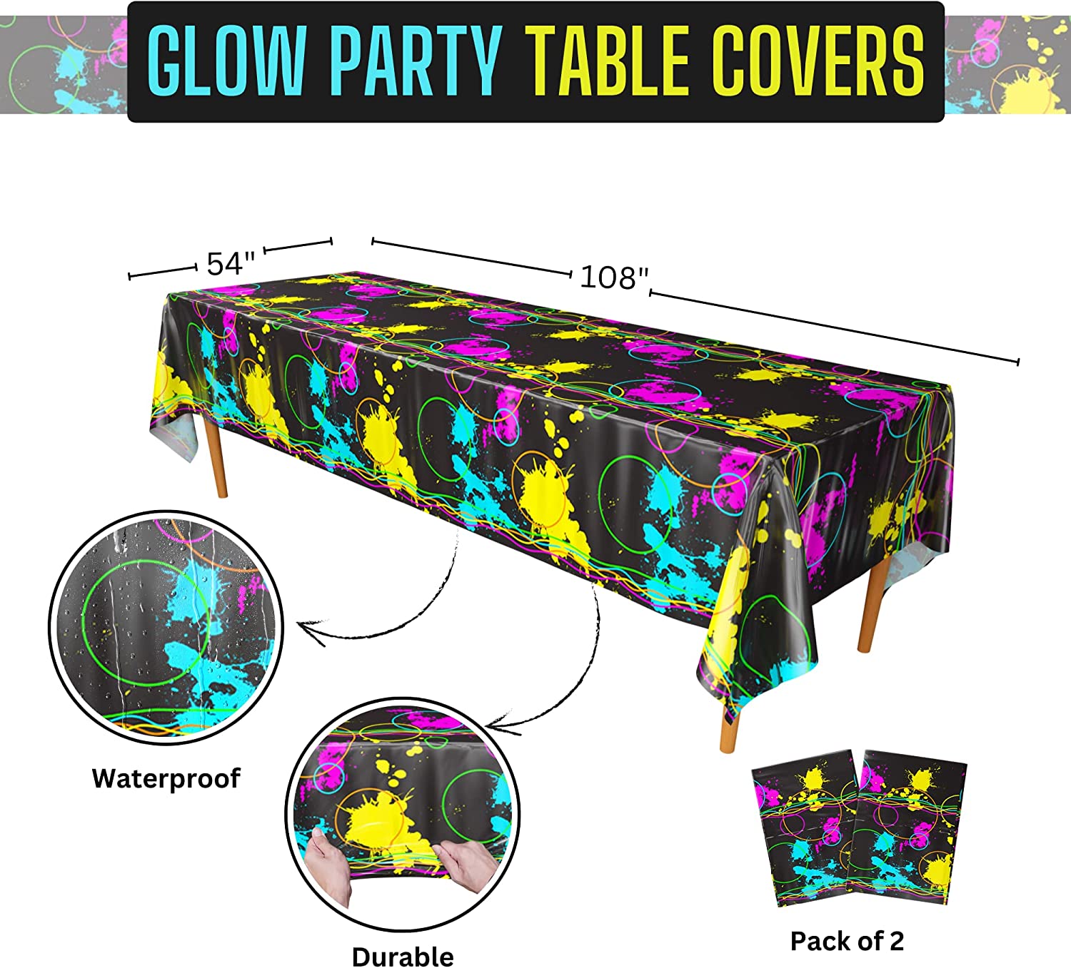 A vibrant Waterproof and Durable Glow Party Tablecovers Neon Party Supplies are a perfect complement to your summer party, black light event, glow birthday and/or other glow themed celebration!