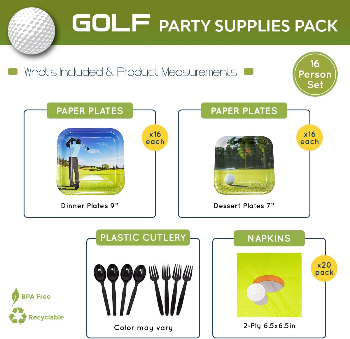 Image of the Our Golf Party Pack, a complete set of party supplies for any golf-themed celebration. The pack includes 16 9-inch paper dinner plates, 16 7-inch paper dessert plates, 20 paper lunch napkins, and a set of plastic forks and spoons. Perfect for any golf enthusiast or golf-themed party, these supplies will add a fun and sporty touch to your event.