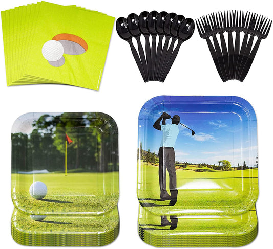 Image of the Our Golf Party Pack, a complete set of party supplies for any golf-themed celebration. The pack includes 16 9-inch paper dinner plates, 16 7-inch paper dessert plates, 20 paper lunch napkins, and a set of plastic forks and spoons. Perfect for any golf enthusiast or golf-themed party, these supplies will add a fun and sporty touch to your event.