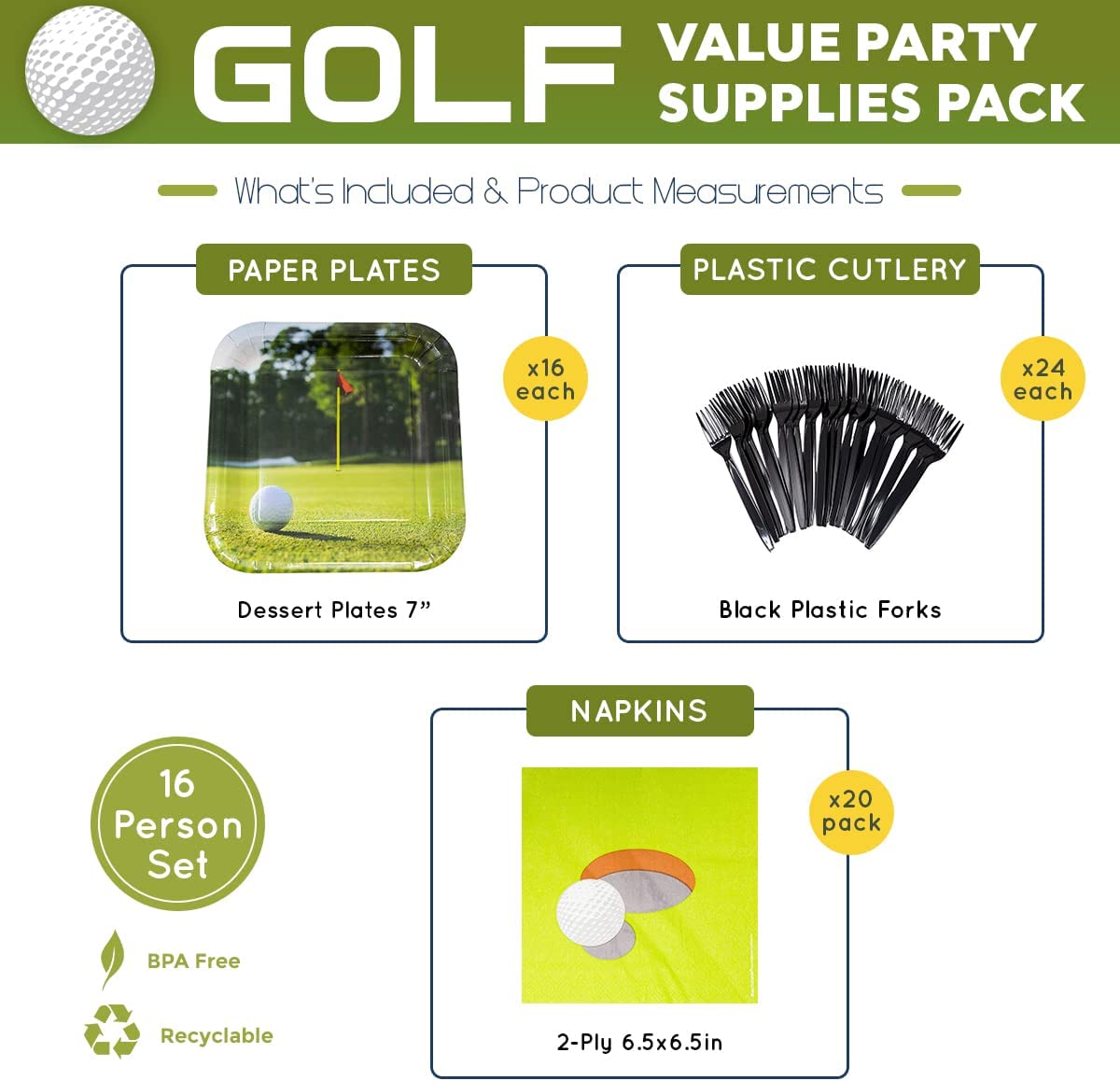 Image of the Our Golf Party Pack, a complete set of party supplies for any golf-themed celebration. The pack includes 16 7-inch paper dessert plates, 20 paper lunch napkins, and a set of plastic forks. Perfect for any golf enthusiast or golf-themed party, these supplies will add a fun and sporty touch to your event.