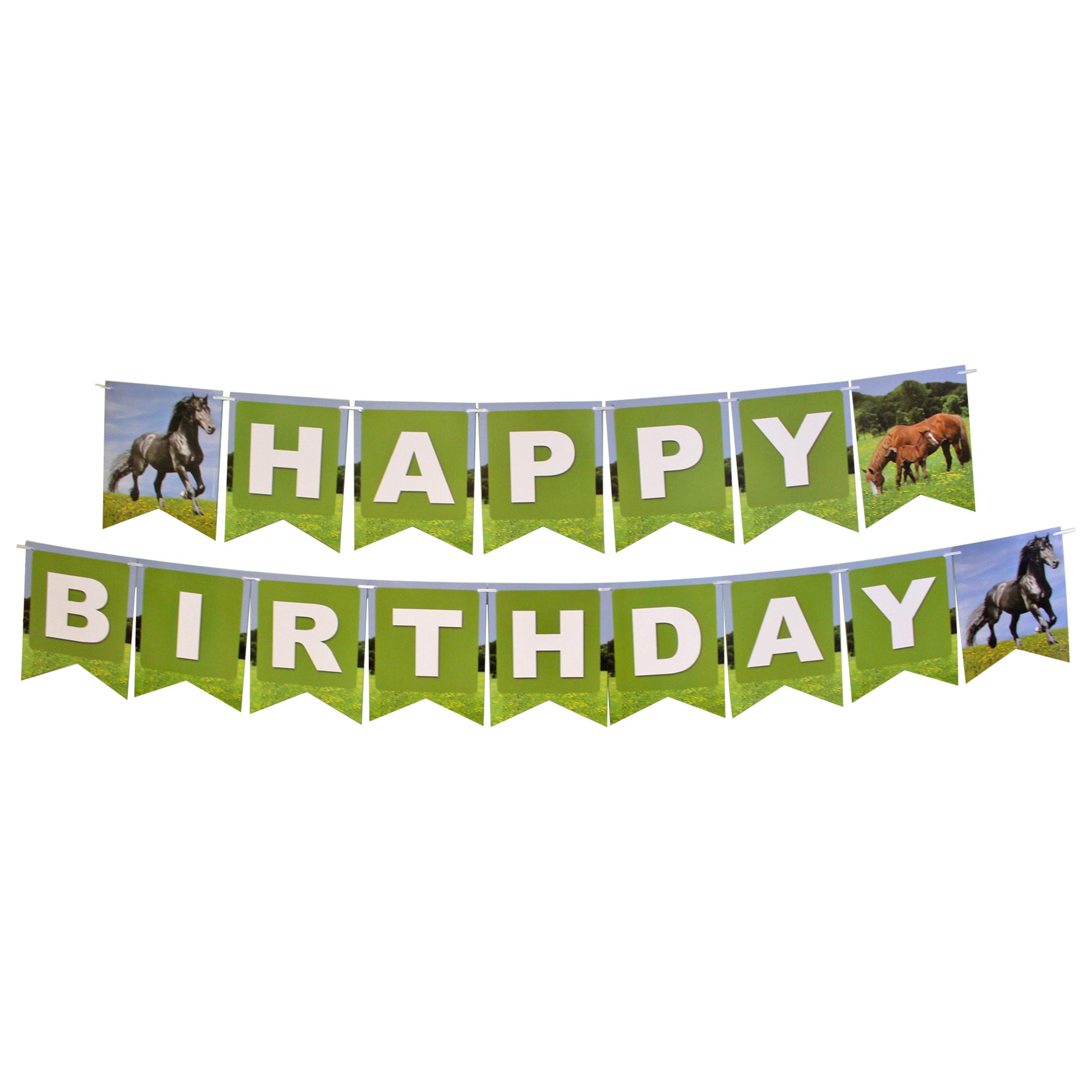 Image of the Horse Party Pack's happy birthday banner, which features a fun and colorful horse design. This banner is a great addition to your equestrian-themed party or celebration and is sure to delight your guests. The banner is easy to hang and can be used indoors.