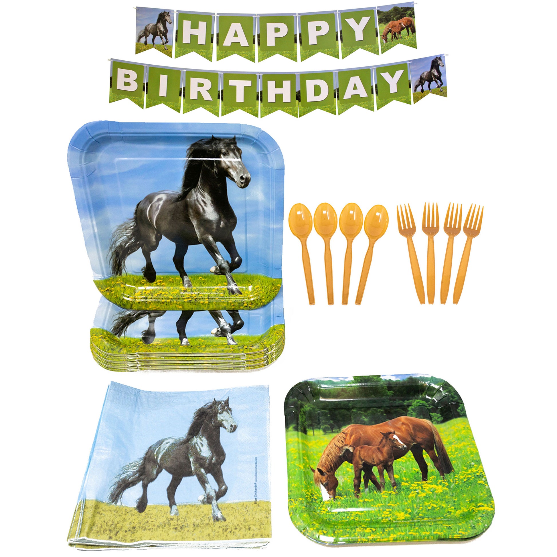 Image of the Horse Party Pack, which includes 16 9-inch paper dinner plates, 16 7-inch paper dessert plates, 20 paper lunch napkins, 1 happy birthday banner, plastic forks, and plastic spoons. This party pack features a fun horse theme, perfect for any equestrian lover's birthday or celebration. The plates and napkins feature a vibrant and colorful horse design, while the included plastic forks and spoons make for easy and convenient cleanup.