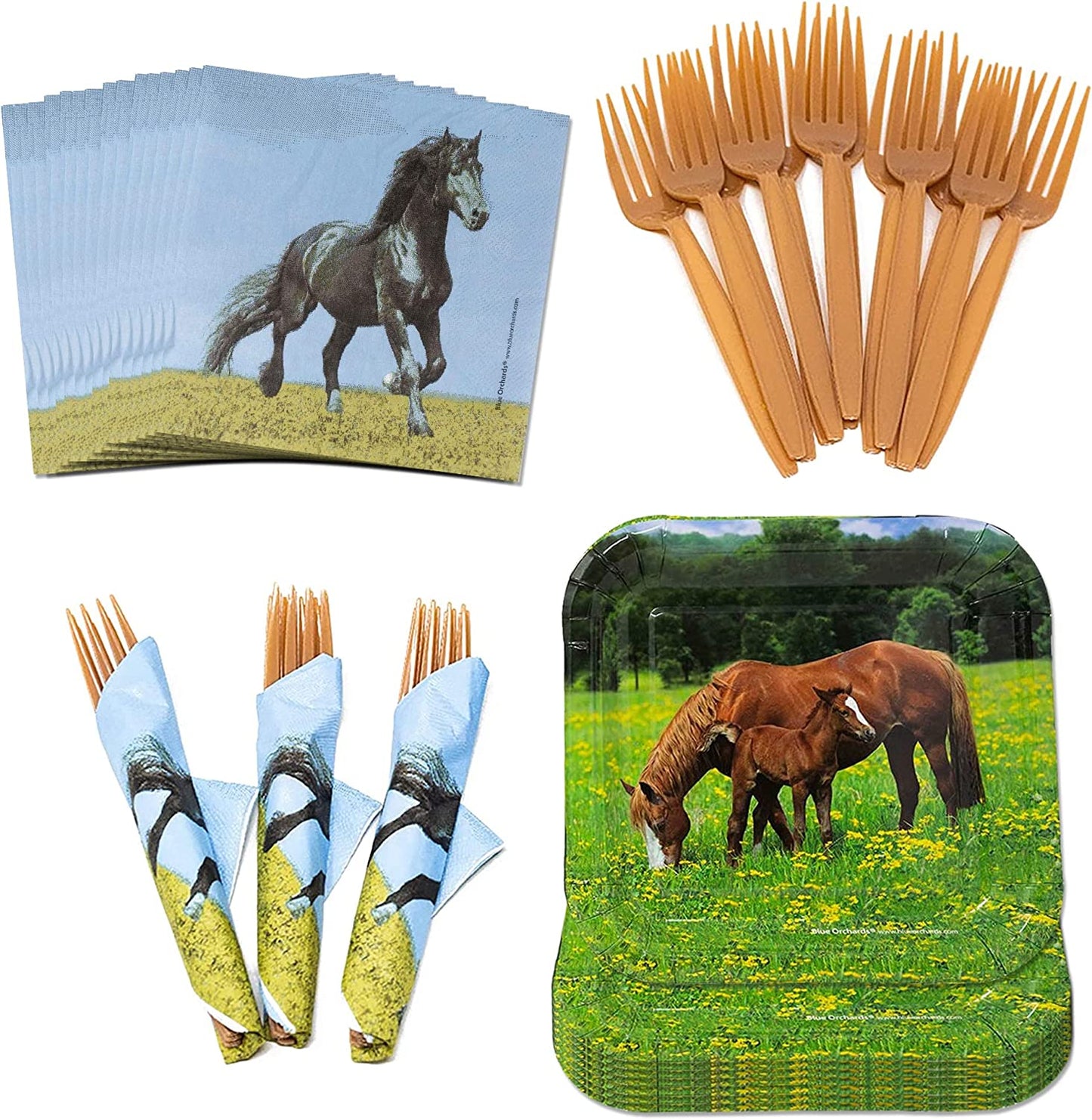 Image of the Horse Party Pack, which includes 16 7-inch paper dessert plates, 20 paper lunch napkins, and plastic forks. This party pack features a fun horse theme, perfect for any equestrian lover's birthday or celebration. The plates and napkins feature a vibrant and colorful horse design, while the included plastic forks make for easy and convenient cleanup.