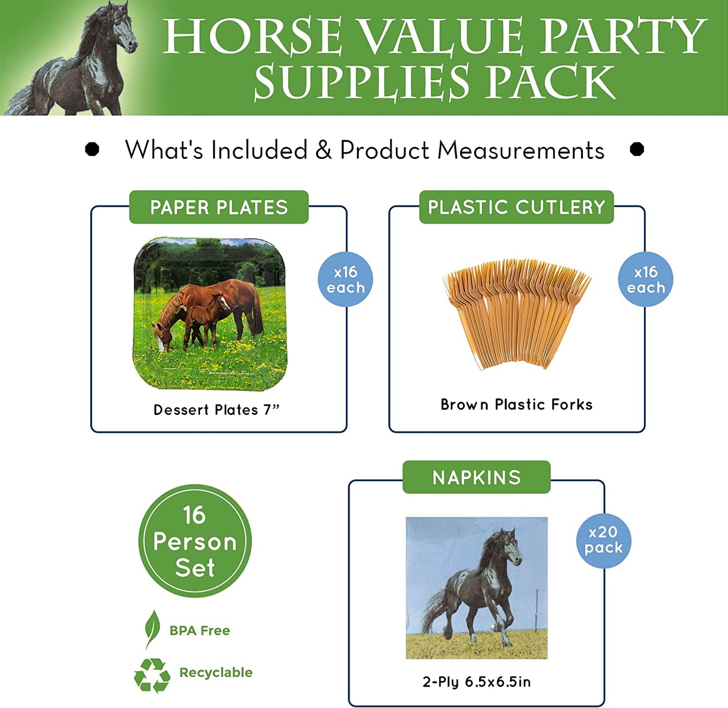 Image of the Horse Party Pack, which includes 16 7-inch paper dessert plates, 20 paper lunch napkins, and plastic forks. This party pack features a fun horse theme, perfect for any equestrian lover's birthday or celebration. The plates and napkins feature a vibrant and colorful horse design, while the included plastic forks make for easy and convenient cleanup.