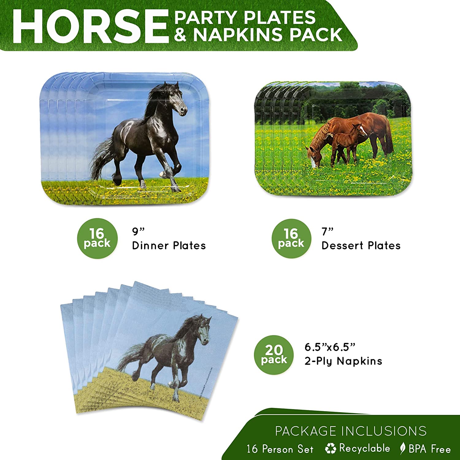 Image of the Horse Party Pack, which includes 16 9-inch paper dinner plates, 16 7-inch paper dessert plates, and 20 paper lunch napkins. This party pack features a fun horse theme, perfect for any equestrian lover's birthday or celebration. The plates and napkins feature a vibrant and colorful horse design.