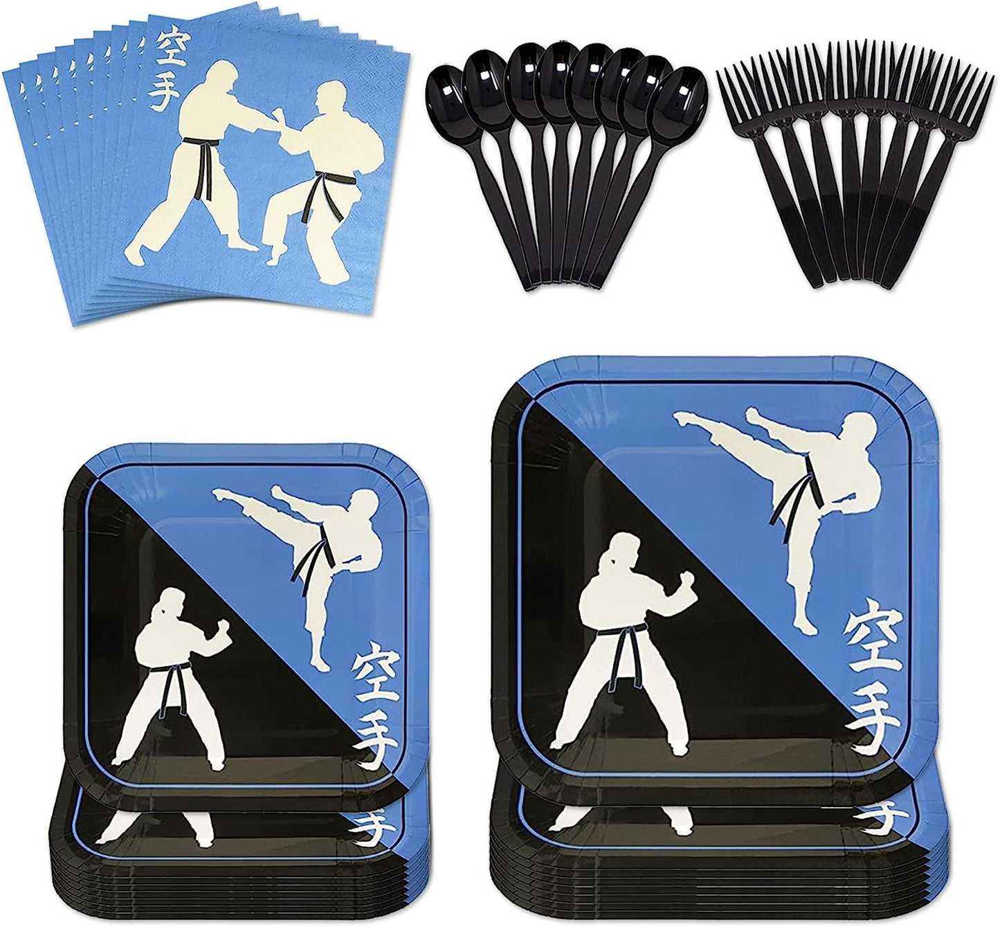 Karate Party Pack with paper dinner plates, paper dessert plates, paper lunch napkins, plastic forks, and plastic spoons. Perfect for a Karate themed birthday party