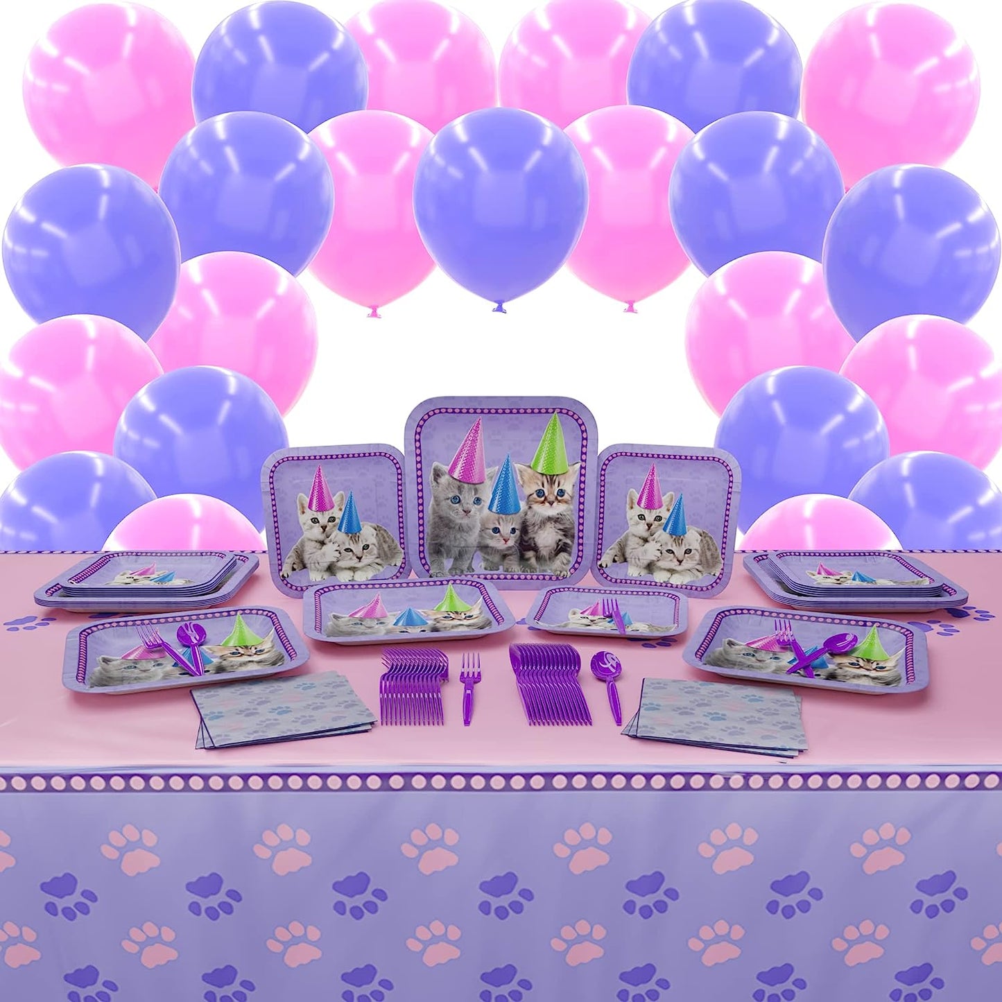 A party pack for a kitten-themed celebration including 7-inch paper dessert plates, paper dinner plates, and lunch napkins, all featuring cute kitten illustrations. There are also purple plastic spoons and forks, lavender and pink 10-inch balloons, and a 108"x54" kitten table cover.