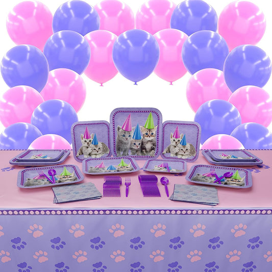 A party pack for a kitten-themed celebration including 7-inch paper dessert plates, paper dinner plates, and lunch napkins, all featuring cute kitten illustrations. There are also purple plastic spoons and forks, lavender and pink 10-inch balloons, and a 108"x54" kitten table cover.