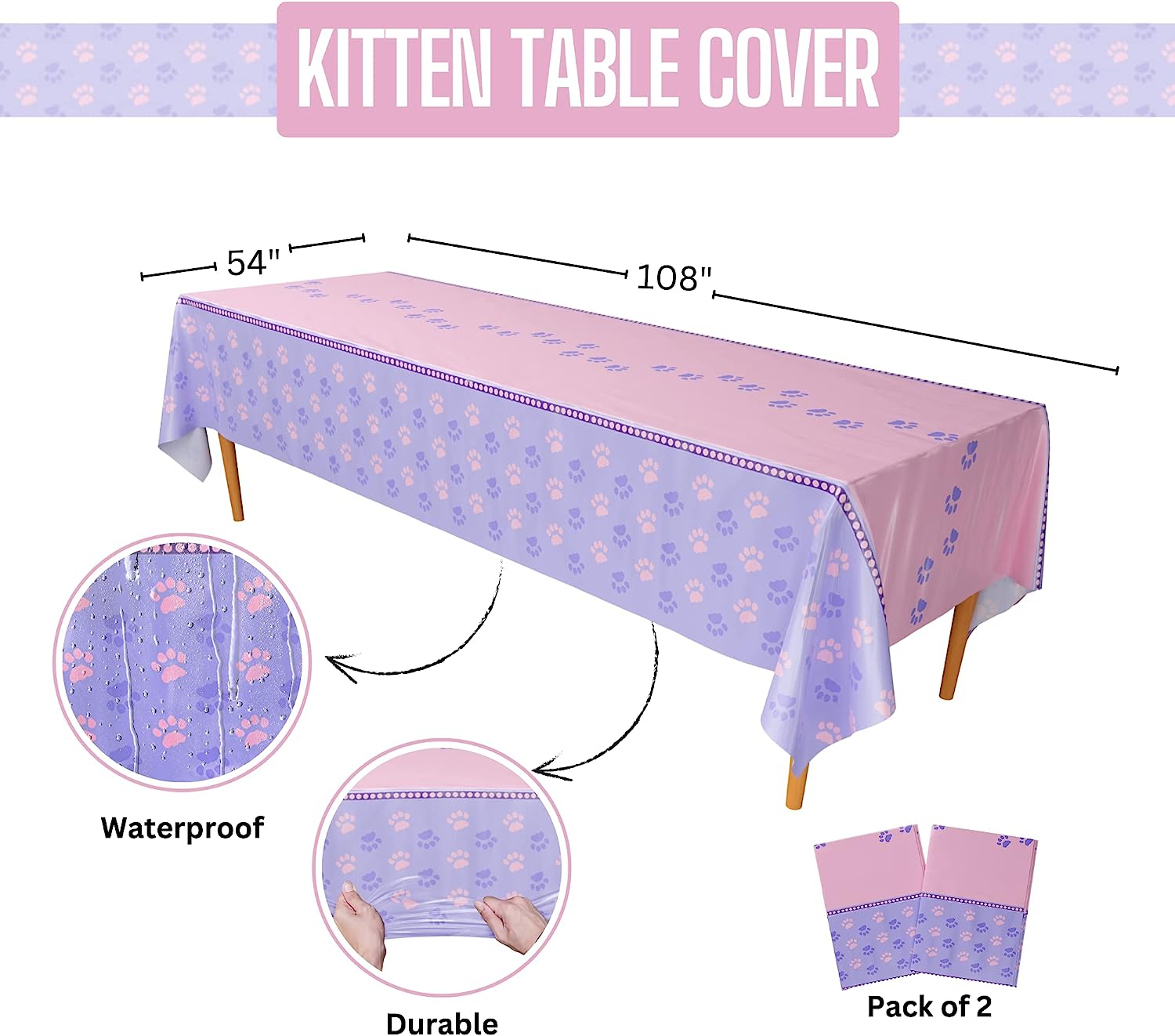 Image of two extra-large table covers, each measuring 54 inches by 108 inches, for kitten party theme. Perfect for decorating tables at a cat-themed party or event.