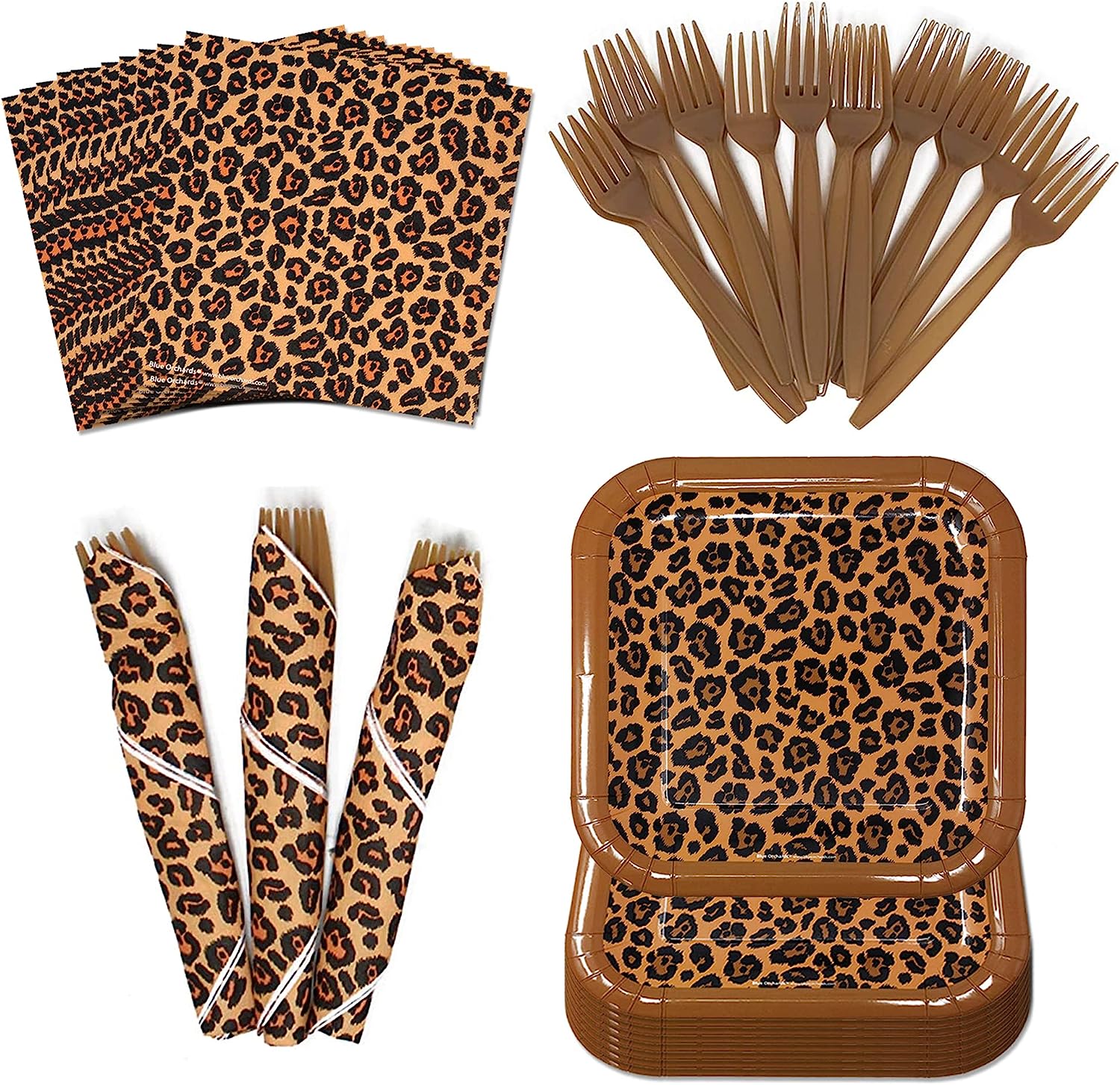 Leopard Print Party Supplies Pack includes 16 7-inch paper dessert plates, 20 paper lunch napkins and plastic forks.