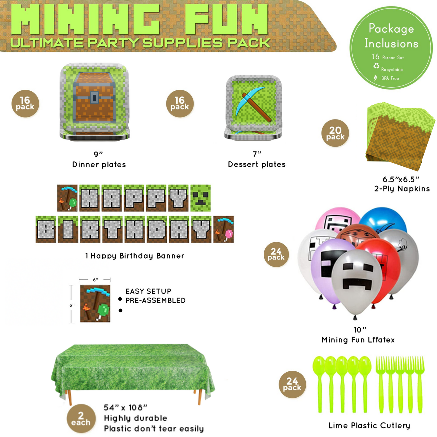 Mining Fun Ultimate Party Supplies Packs (For 16 Guests)