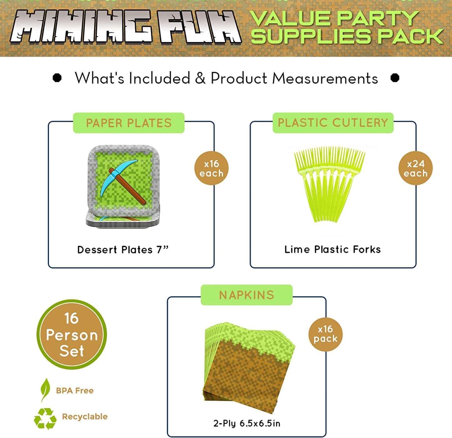 Mining Fun Value Party Supplies Packs (For 16 Guests)