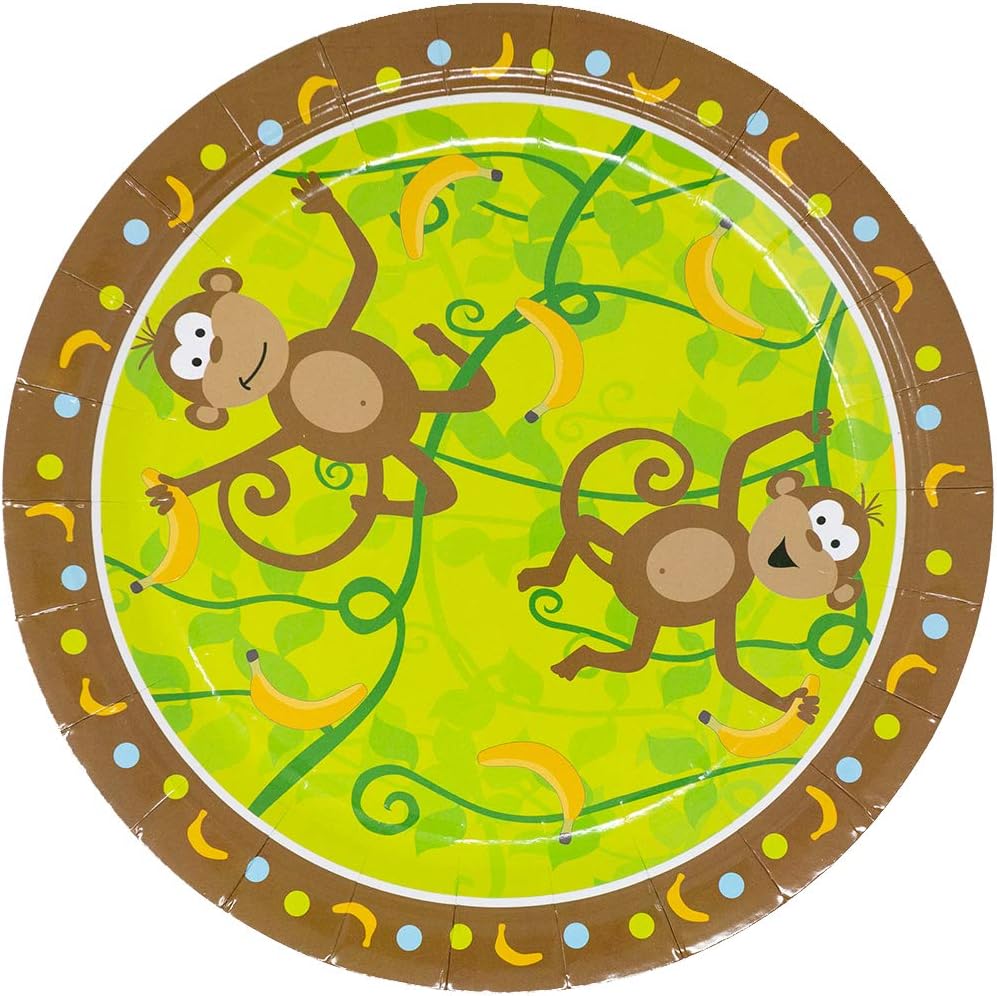 Image of 9-inch paper dinner plates with a colorful monkey design, perfect for monkey-themed parties, jungle baby showers, or other festive celebrations.