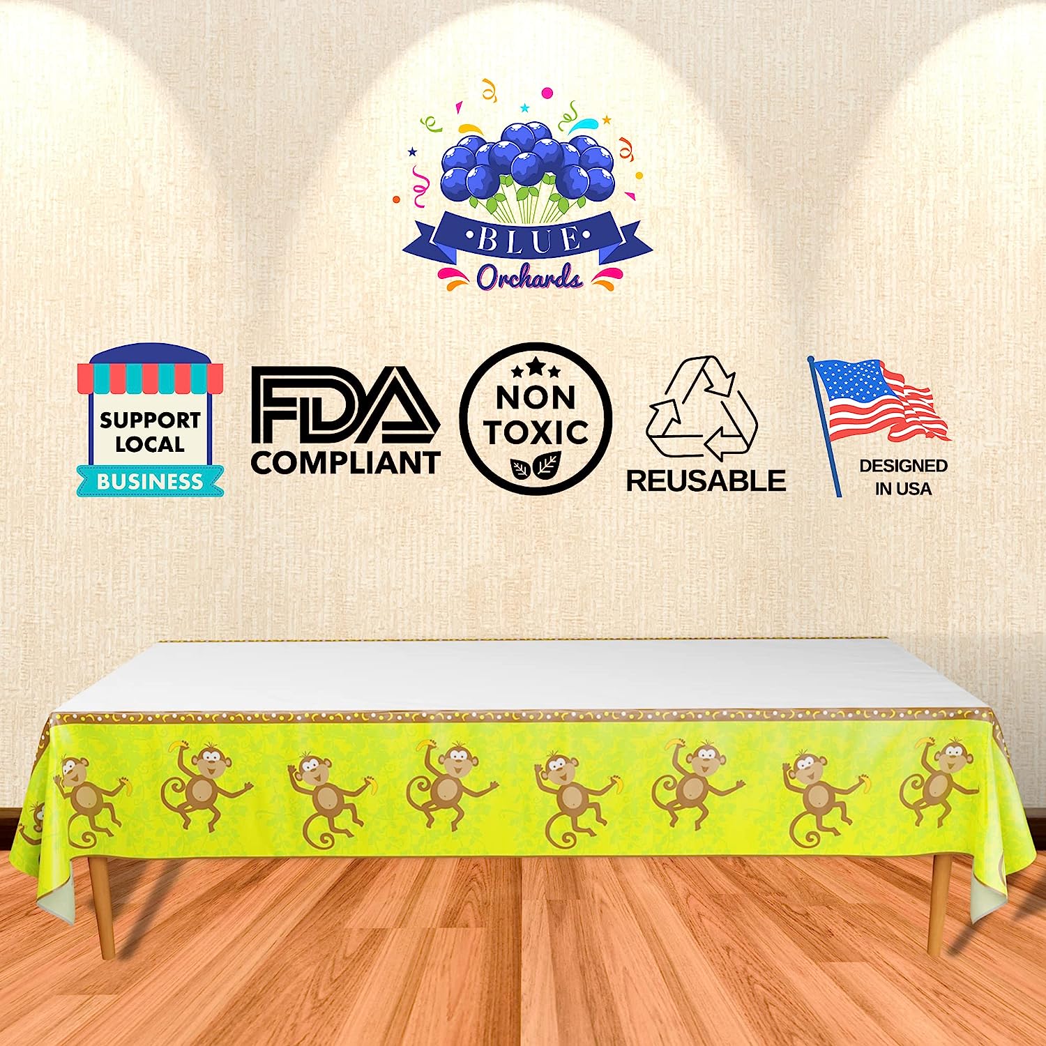 Image of FDA compliant, non toxic, reusable, and designed in USA Monkey Party Table Covers measuring 54"x108", featuring a cute monkey design. These table covers are perfect for monkey-themed parties, jungle baby showers, or any other festive occasion. The covers are displayed on a plain background.