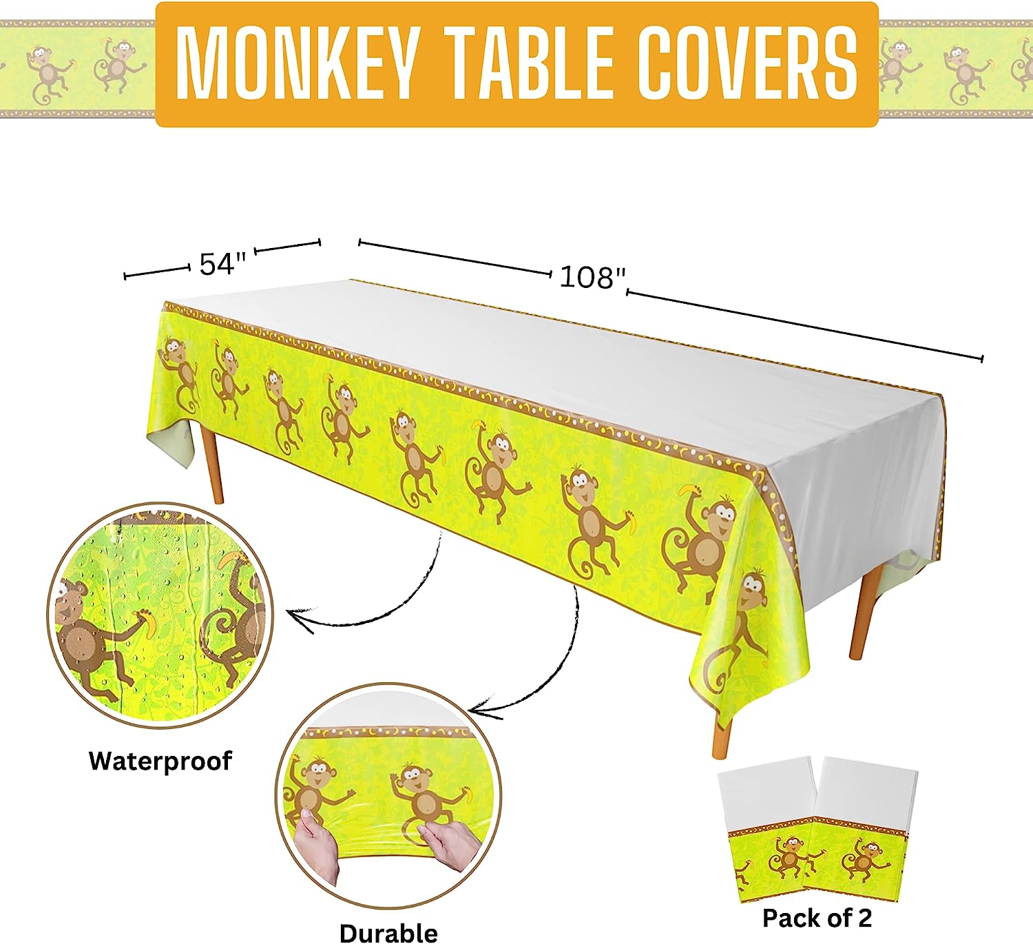Image of a waterproof and durable Monkey Party Table Covers measuring 54"x108", featuring a cute monkey design. These table covers are perfect for monkey-themed parties, jungle baby showers, or any other festive occasion. The covers are displayed on a plain background.