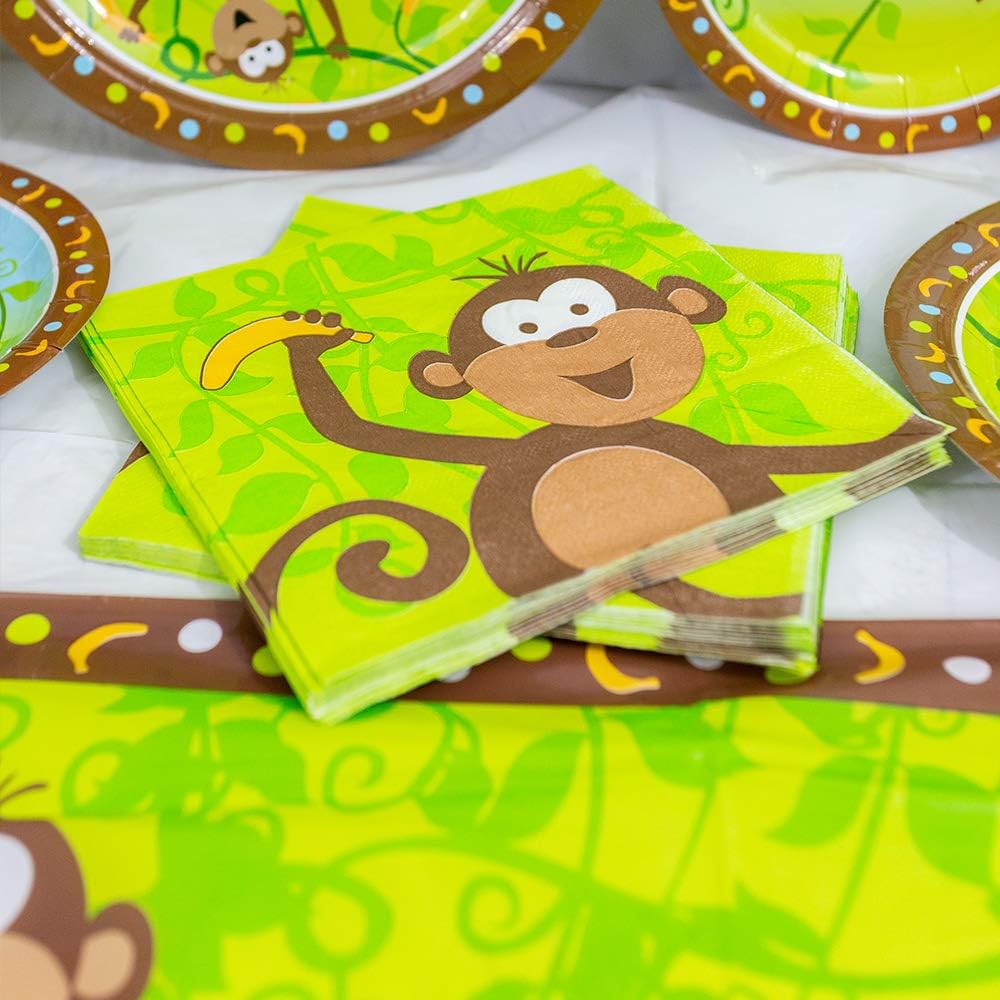 Image of a waterproof and durable Monkey Party Table Covers measuring 54"x108", featuring a cute monkey design. These table covers are perfect for monkey-themed parties, jungle baby showers, or any other festive occasion. The covers is set up on the table with Monkey theme table wares.