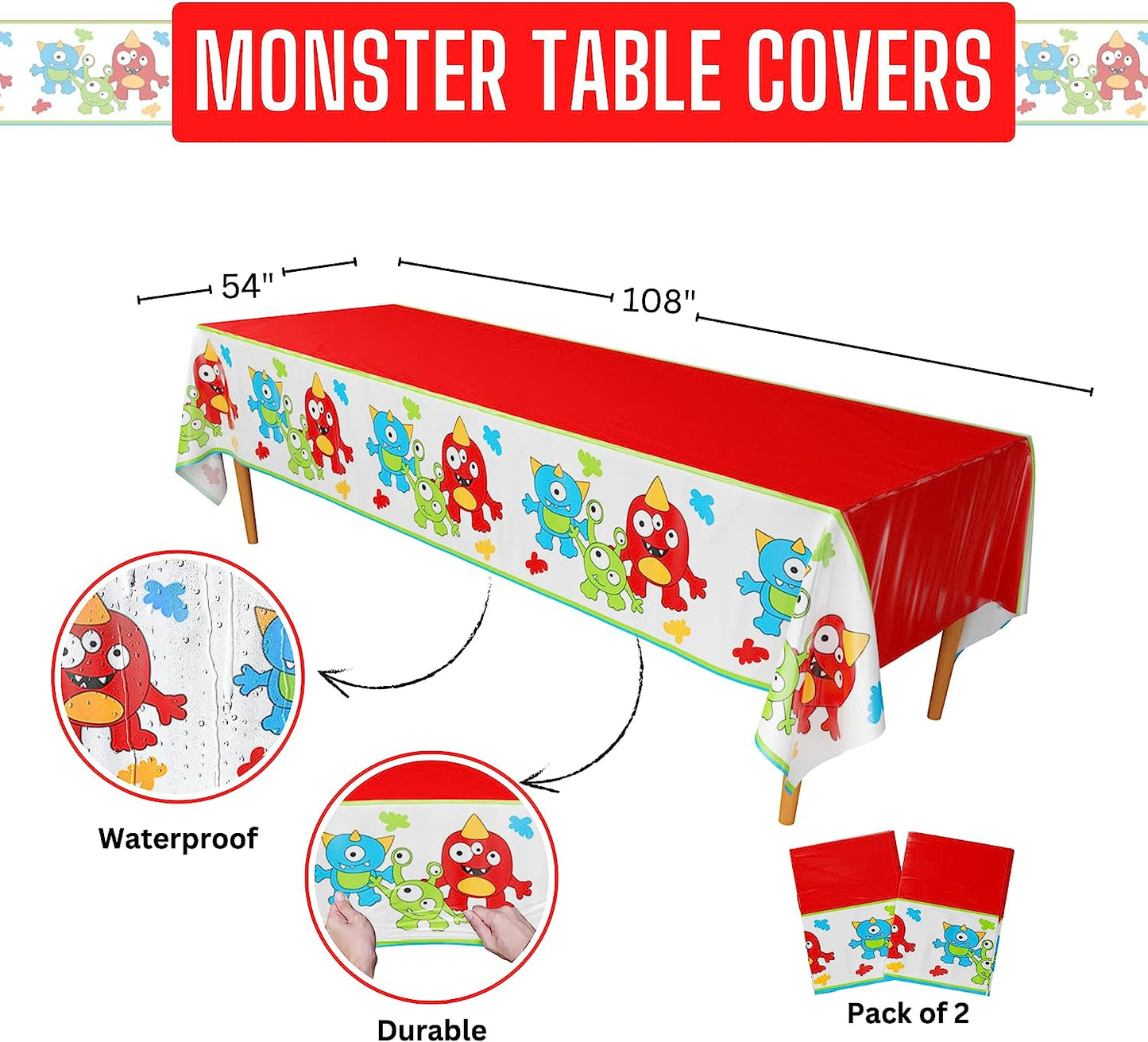 Monster Party Table Covers (Pack of 2) - 54"x108" XL - Monster Party Supplies, Monster Birthday Party, Monster Themed 1st Birthday, Kids Monster Birthday, Monster Party Decorations