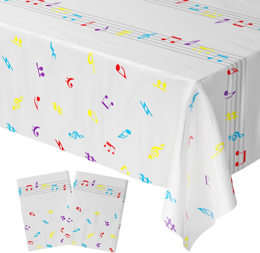 Image of a music-themed table cover draped over a square table, measuring approximately 108" x 54", suitable for adding a note-filled style to a party table and creating lasting memories.