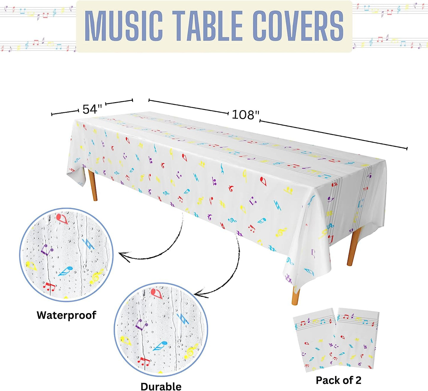 Image of a waterproof and durable music-themed table cover draped over a square table, measuring approximately 108" x 54", suitable for adding a note-filled style to a party table and creating lasting memories.