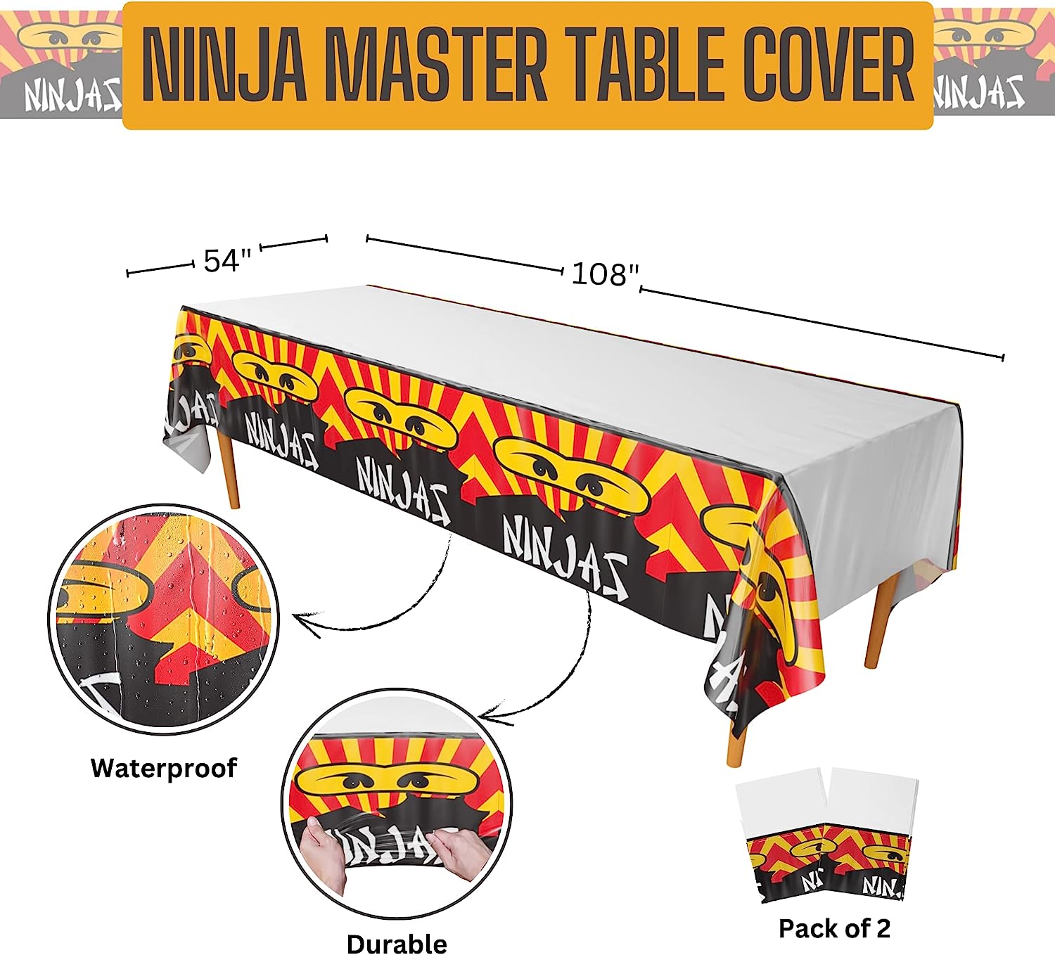 Image of two plastic table covers with a Ninja Master Deluxe theme, measuring approximately 108" x 54" each, suitable for use in parties with a ninja or martial arts theme.