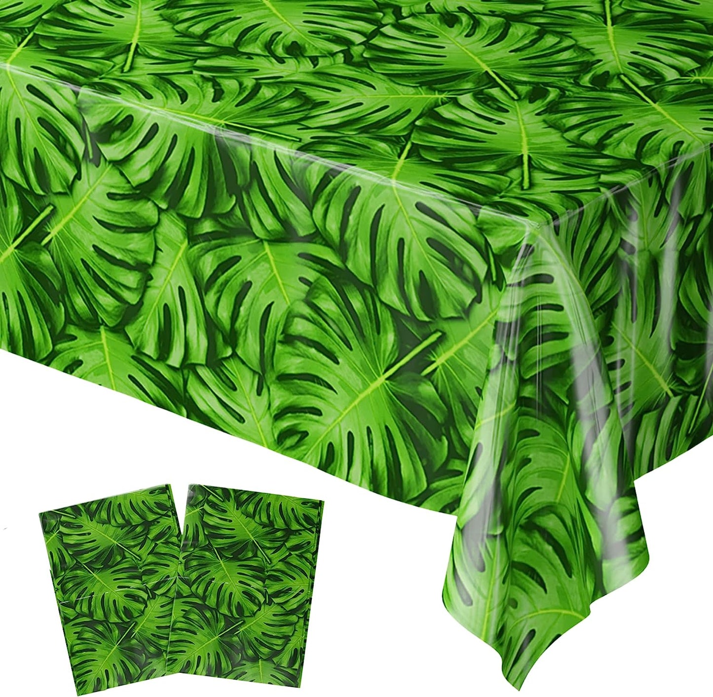 Two palm leaf patterned table covers, each measuring approximately 108 inches by 54 inches, displayed on a wooden table with a white background.