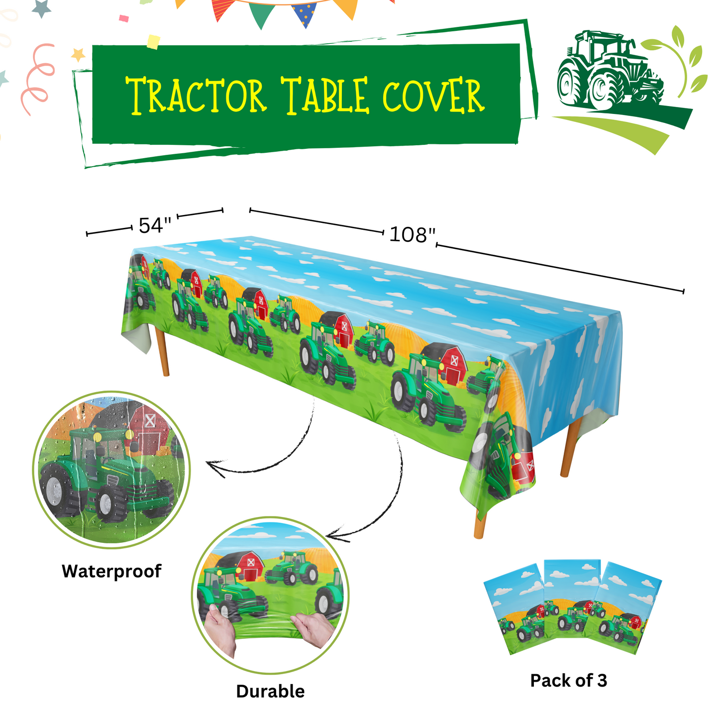 Three pack of Tractor Party Table Covers, each measuring 54 inches by 108 inches, designed to fit XL tables.