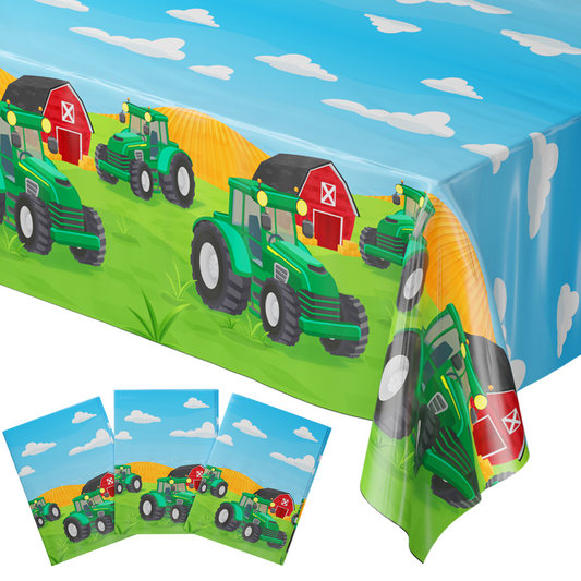 Three pack of Tractor Party Table Covers, each measuring 54 inches by 108 inches, designed to fit XL tables. These covers feature a fun Tractor Birthday Party theme, perfect for decorating your tables at your Tractor or Barnyard themed party. Made with durable materials, these Farm Party Table Covers are great for protecting your tables while adding a decorative touch.