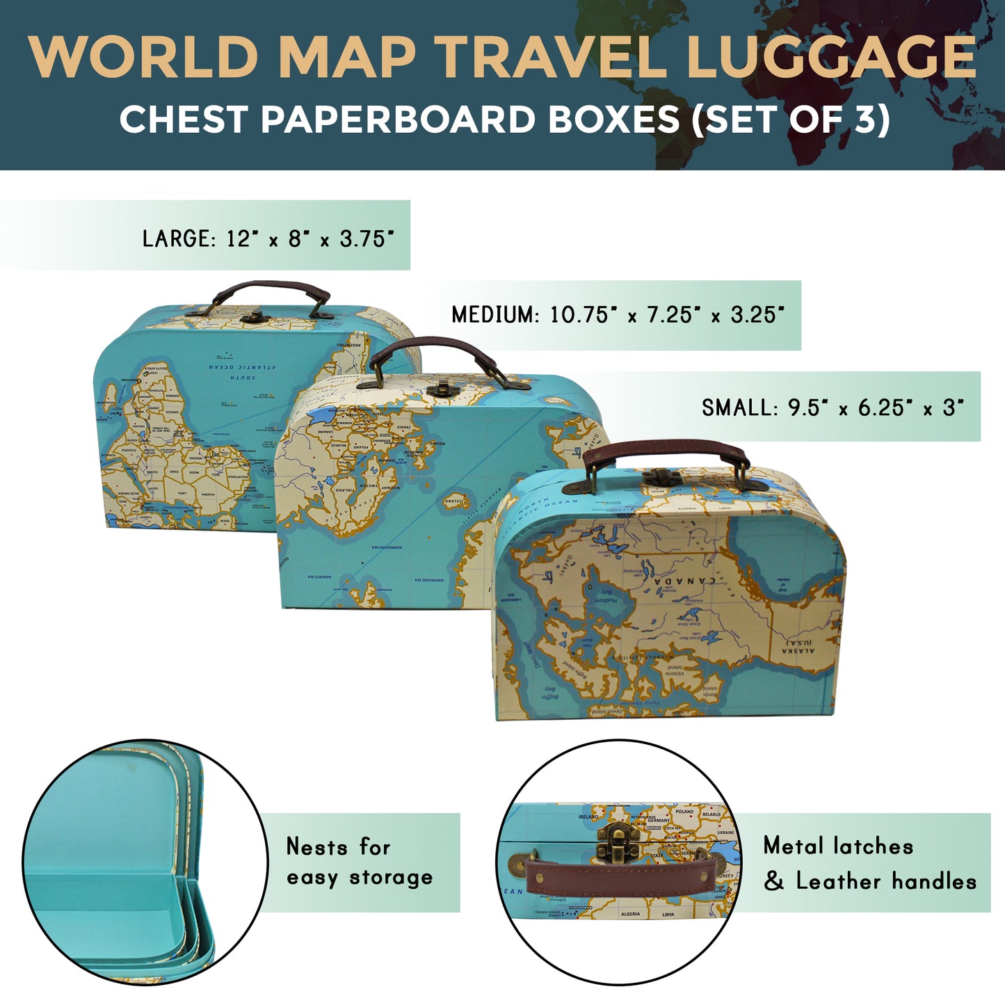 World Map Luggage Chests - 3 Sizes (3 Pack)