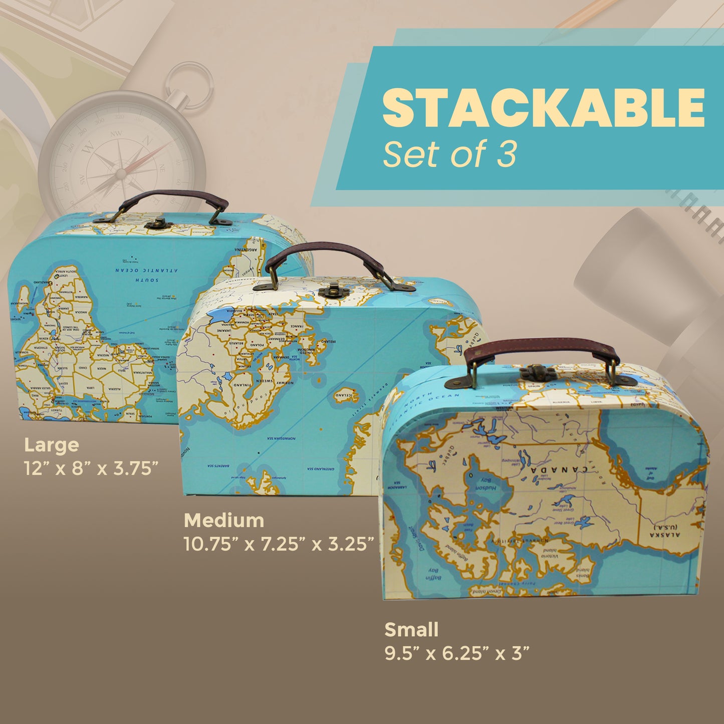 World Map Luggage Chests - 3 Sizes (3 Pack)