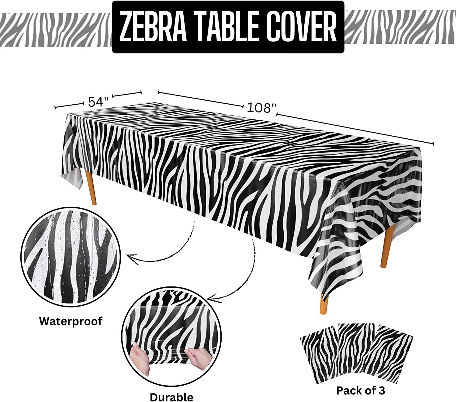 A waterproof and durable table covers feature a striking black and white zebra print design, resembling the pattern of a zebra's stripes.