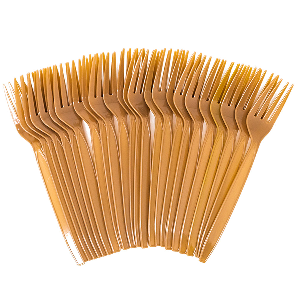 Image of the Horse Party Pack's plastic forks, which come in a set of 24 and are brown in color. These forks are perfect for serving food at your equestrian-themed party or celebration. The forks are disposable for easy and convenient cleanup after the event.