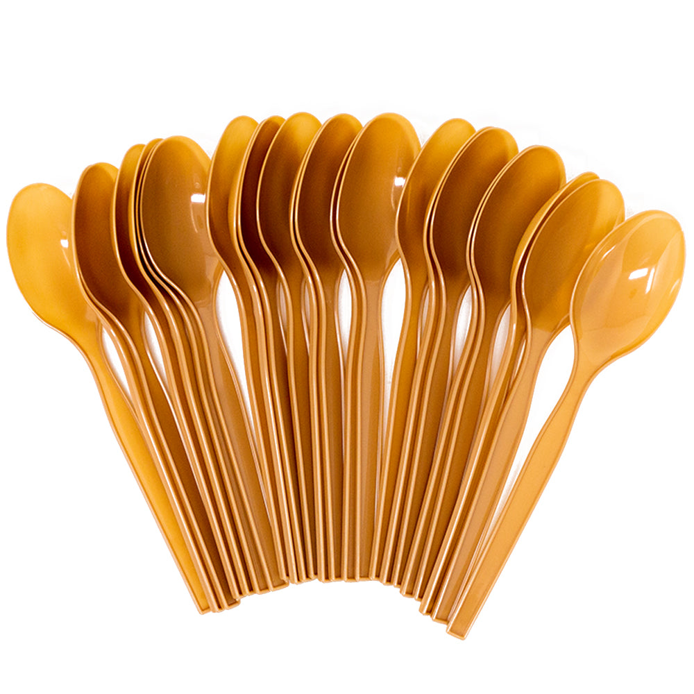 Image of the Horse Party Pack's plastic spoons, which come in a set of 24 and are brown in color. These spoons are perfect for serving food at your equestrian-themed party or celebration. The spoons are disposable for easy and convenient cleanup after the event.