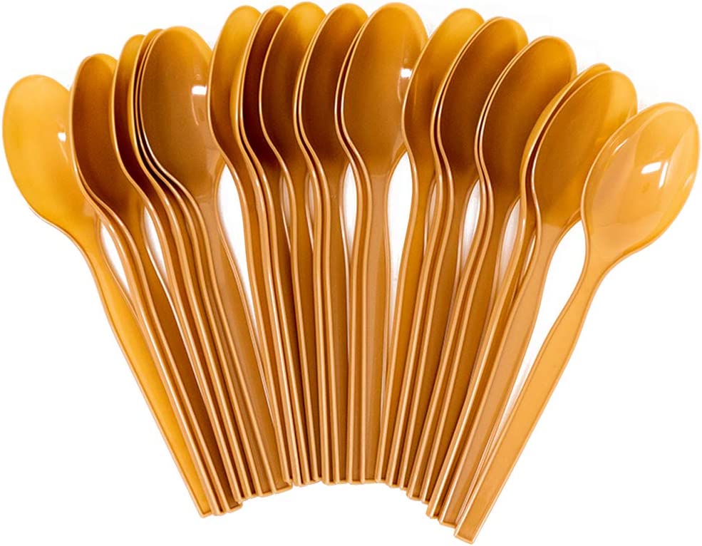 Image of the Horse Party Pack's plastic spoons, which come in a set of 24 and are brown in color. These spoons are perfect for serving food at your equestrian-themed party or celebration. The spoons are disposable for easy and convenient cleanup after the event.