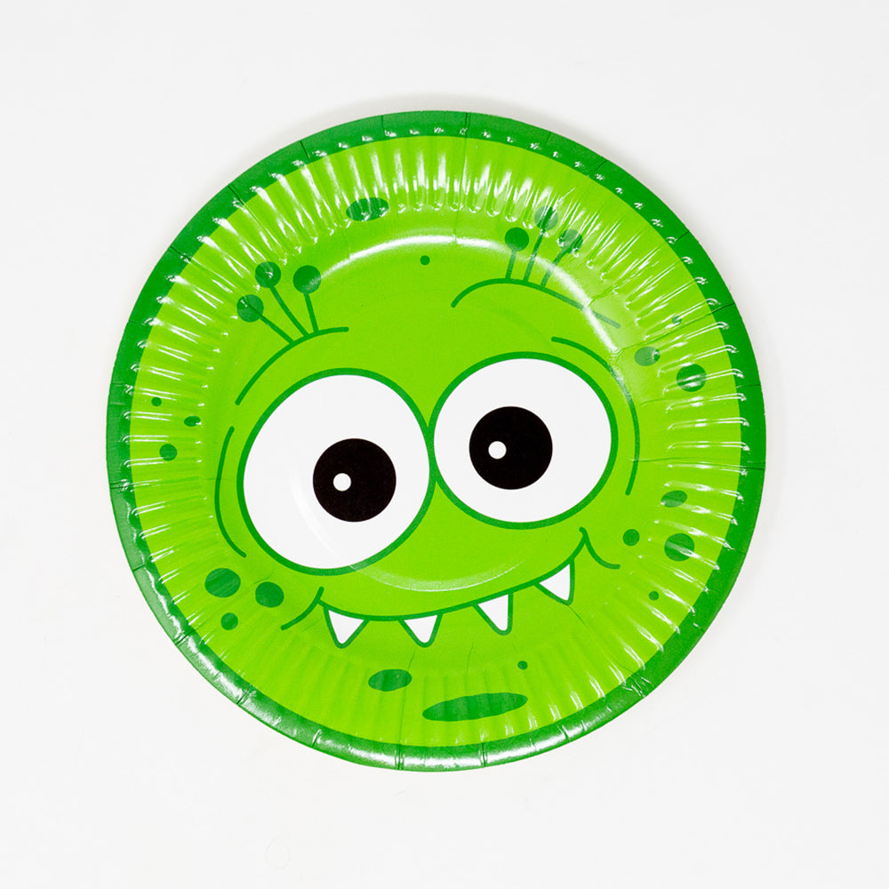 Image of 16 Monster-themed 7-inch paper dessert plates, featuring colorful and cute monster illustrations.