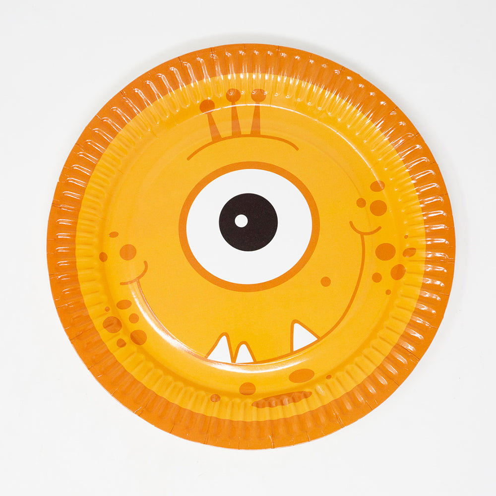 Image of 16 Monster-themed 9-inch paper dinner plates, featuring colorful and cute monster illustrations.