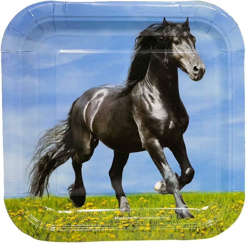 Image of the Horse Party paper dinner plates, which come in a set of 16 and feature a fun and colorful horse design. These 9-inch paper plates are perfect for serving a meal at your equestrian-themed party or celebration. The plates are disposable for easy and convenient cleanup after the event.