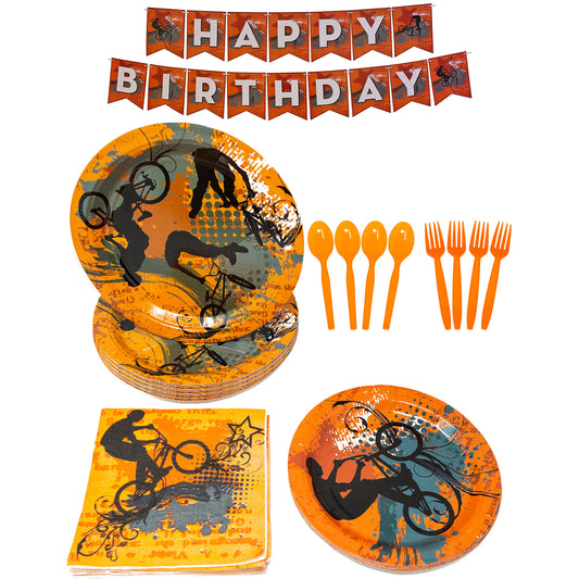 Image of the eXtreme Party Pack, a complete set of party supplies for any celebration. The pack includes 16 9-inch paper dinner plates, 16 7-inch paper dessert plates, 20 paper lunch napkins, 1 happy birthday banner, 24 orange plastic forks, and 24 orange plastic spoons.