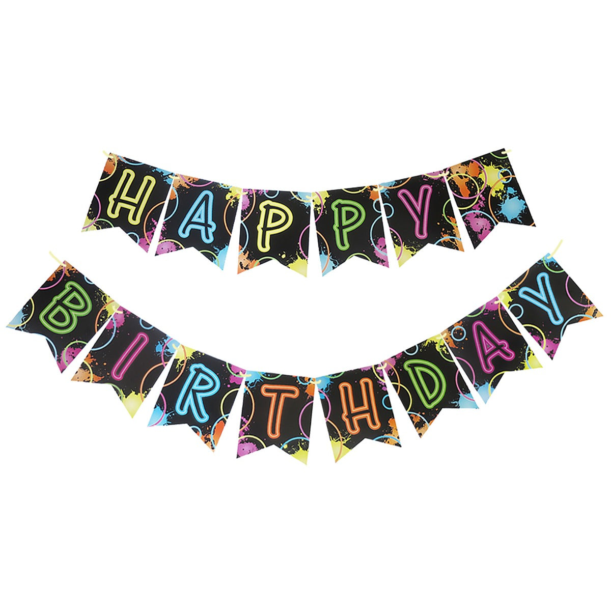 Image of the Happy Birthday Banner, perfect for any glow-in-the-dark or neon themed party. These birthday banner are made of high-quality paper and come in a pack of 1. The banner feature a vibrant glow-in-the-dark design that will add a fun and exciting touch to your party decor.