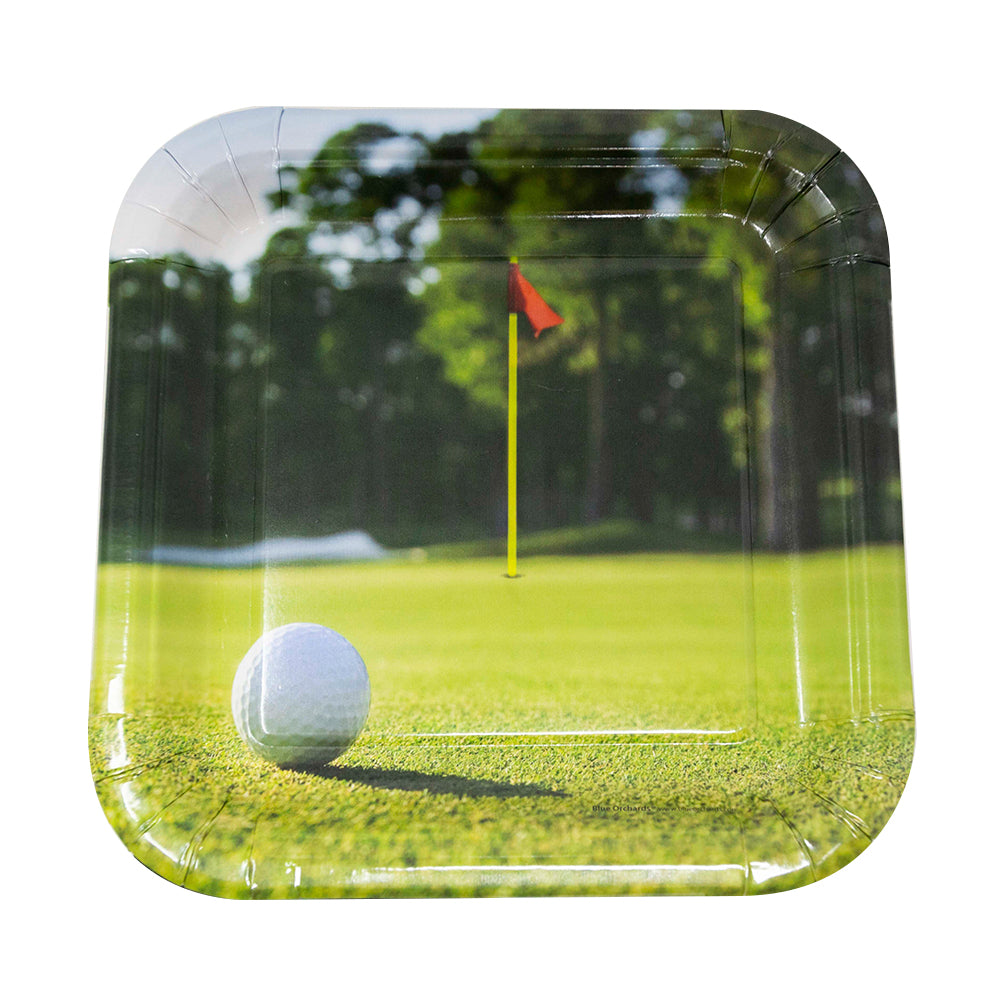 Image of the 7-inch paper dessert plates with a golf design, perfect for any golf-themed celebration. These high-quality paper plates feature a golf-inspired design and come in a pack of 16. Ideal for serving meals or snacks, these plates will add a fun and sporty touch to your party decor.