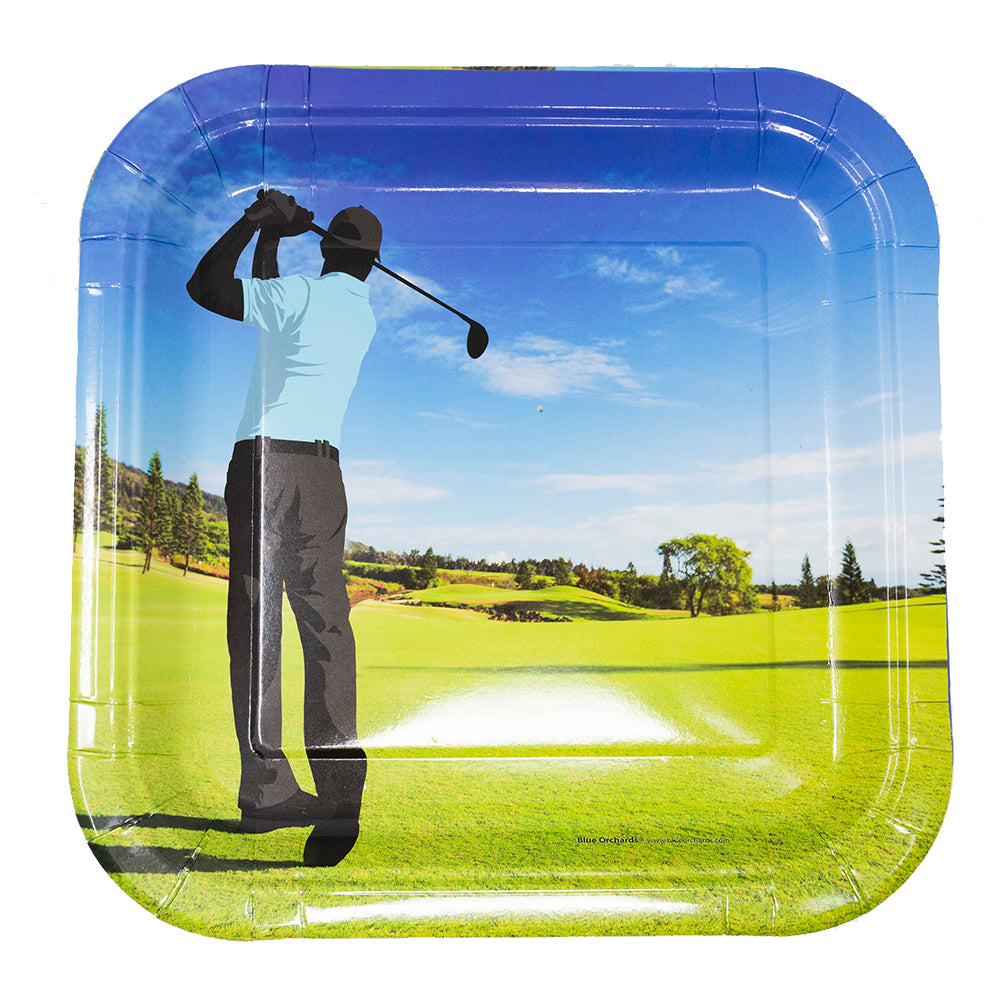 Image of the 9-inch paper dinner plates with a golf design, perfect for any golf-themed celebration. These high-quality paper plates feature a golf-inspired design and come in a pack of 16. Ideal for serving meals or snacks, these plates will add a fun and sporty touch to your party decor.