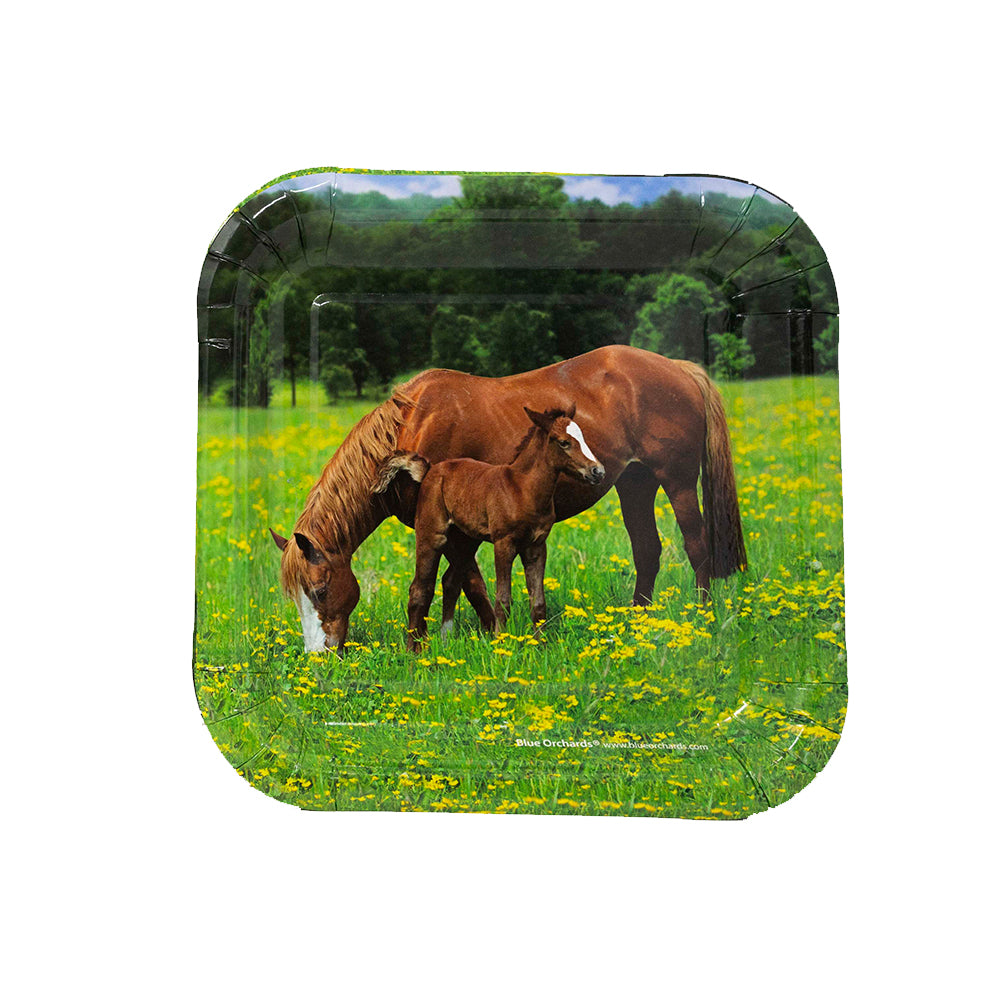 Image of the Horse Party paper dessert plates, which come in a set of 16 and feature a fun and colorful horse design. These 7-inch paper plates are perfect for serving a meal at your equestrian-themed party or celebration. The plates are disposable for easy and convenient cleanup after the event.