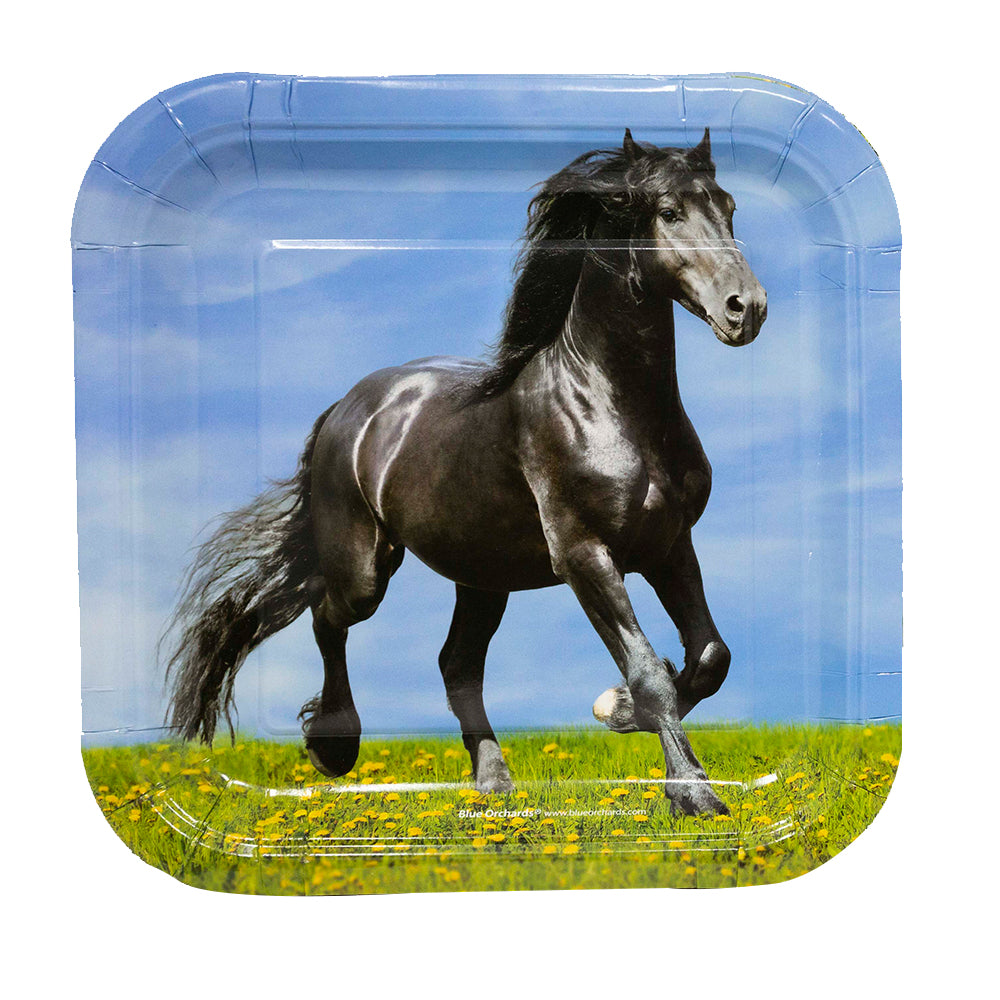 Image of the Horse Party paper dinner plates, which come in a set of 16 and feature a fun and colorful horse design. These 9-inch paper plates are perfect for serving a meal at your equestrian-themed party or celebration. The plates are disposable for easy and convenient cleanup after the event.