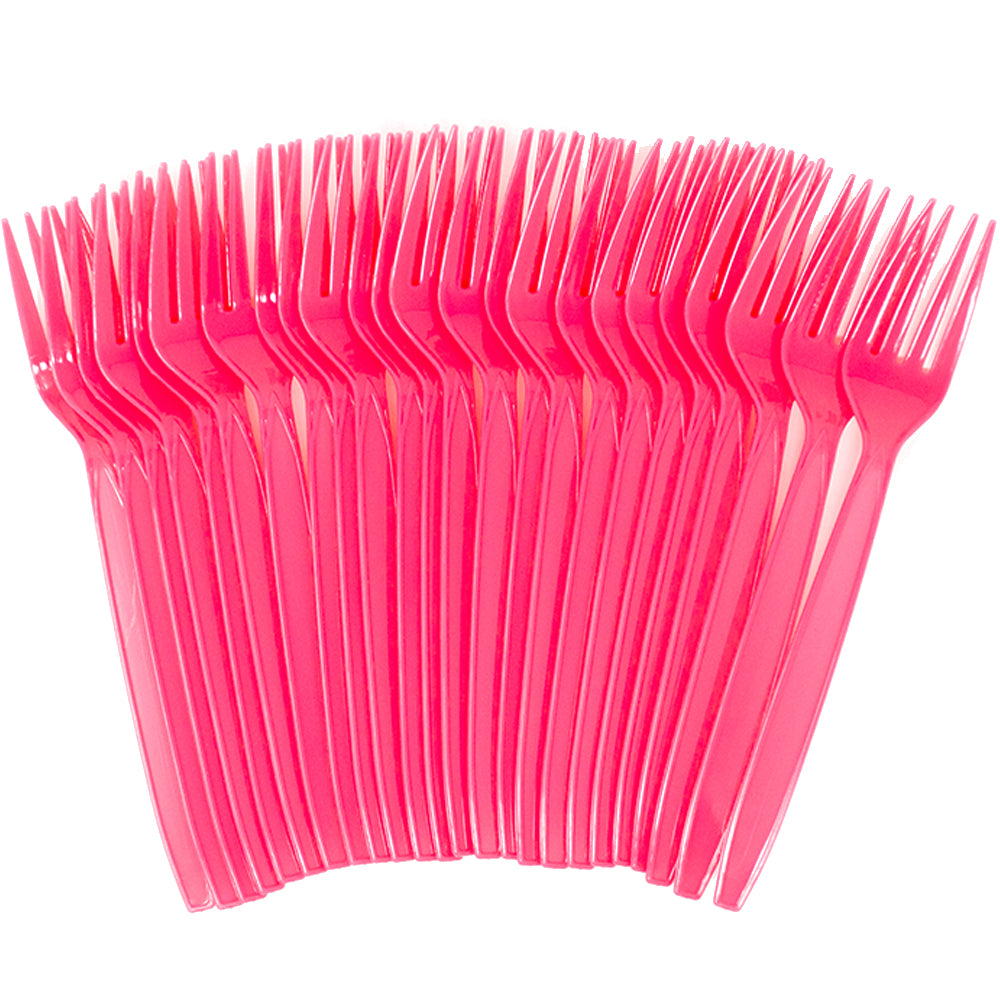 Image of the 24 hot pink forks designed to match glow theme parties. These plastic forks are perfect for adding a pop of color to your party and are ideal for any glow-in-the-dark or neon themed celebration. The set comes with 24 forks and will be a great addition to your party tableware.
